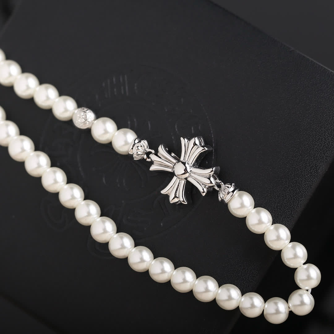 Chrome Hearts Pearl Earrings and Necklace Set